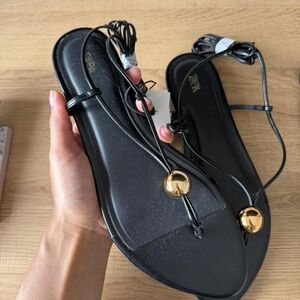 ZARA Black Strappy Thong Sandals with Gold Accent
